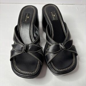 VTG Y2K CURFEW Black Wedge Chunky Platform Sandals Exposed Stitch Bow 8.5